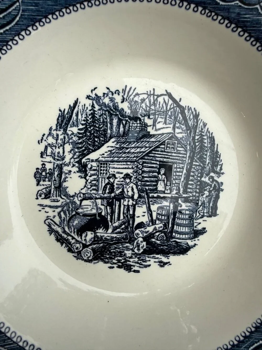Currier & Ives Maple Sugaring Soup Bowl Blue White Vintage Made In USA 9